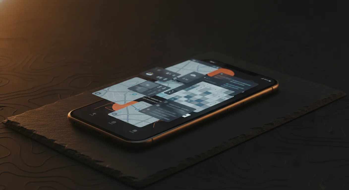 Smartphone showing chaotic overlapping map, weather, and spreadsheet apps