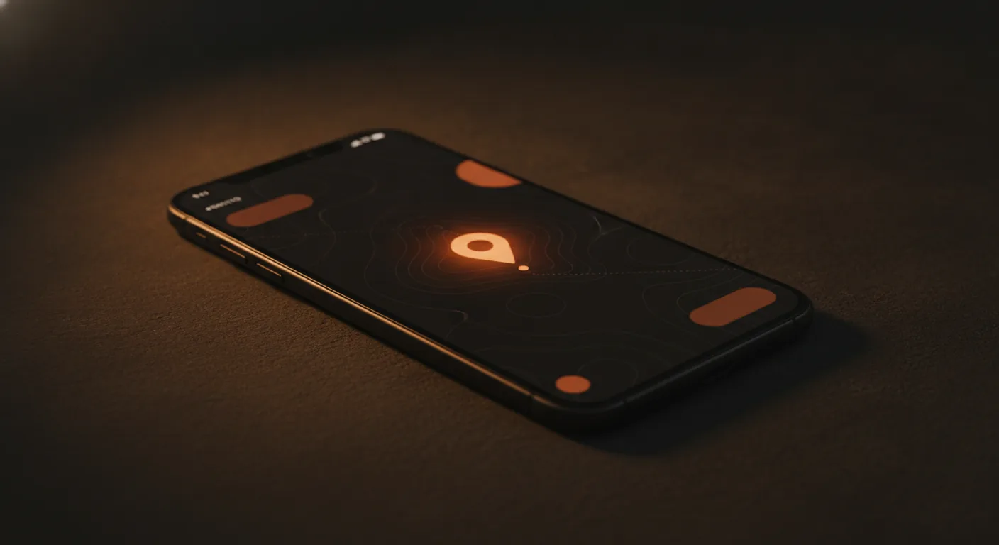 Dark topographic map with a glowing burnt-orange destination pin